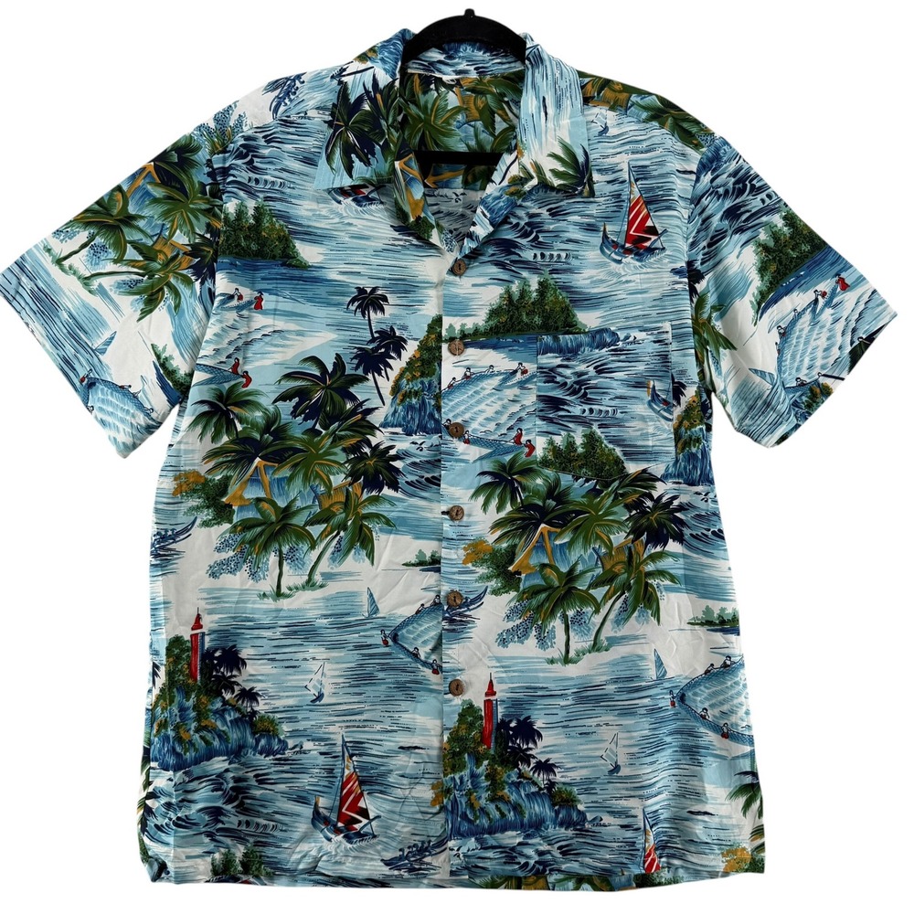 Mens Hawaiian Shirt XL Sailboat Palm Tree Scenic Aloha Surf Blue Unbranded